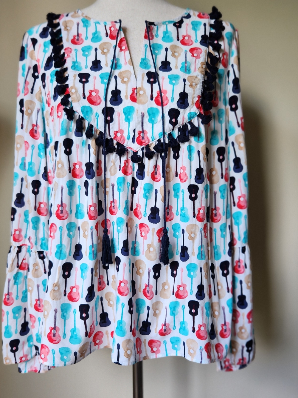 Guitar Print Tassel Pom Pom Blouse Bell Sleeve Boho Music Teacher Top Peasant L - Picture 3 of 12
